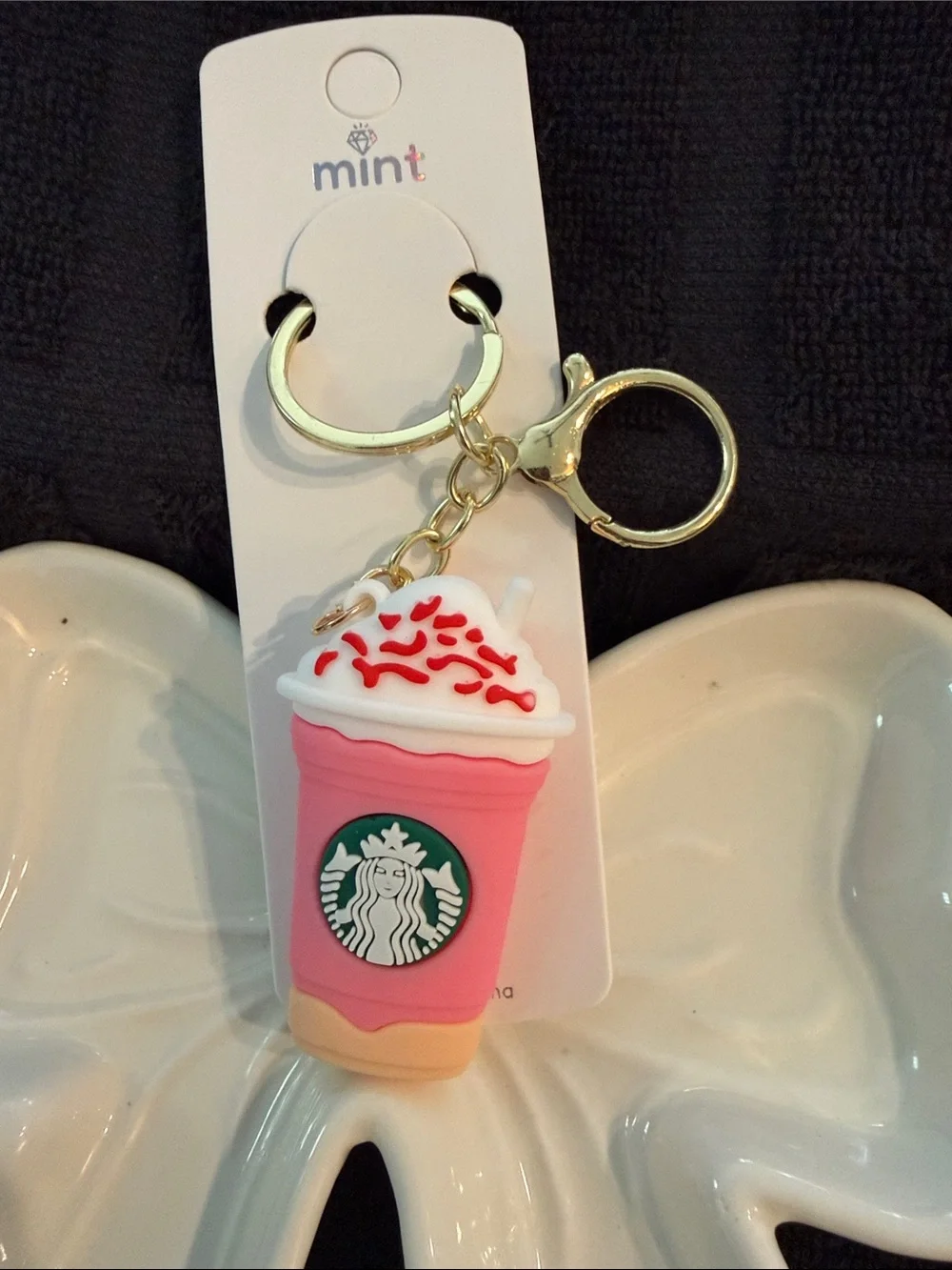 Mint Pink Starbucks Cup Keychain with White Whip and Red Sprinkles